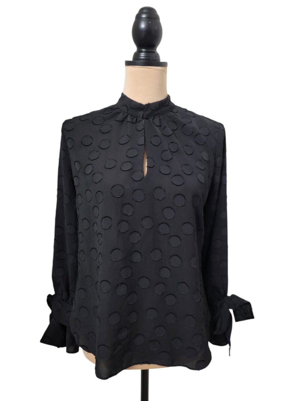 Ann Taylor Petite Size SP Black Clip Dot Jacquard Blouse with Tie Cuff Sleeves